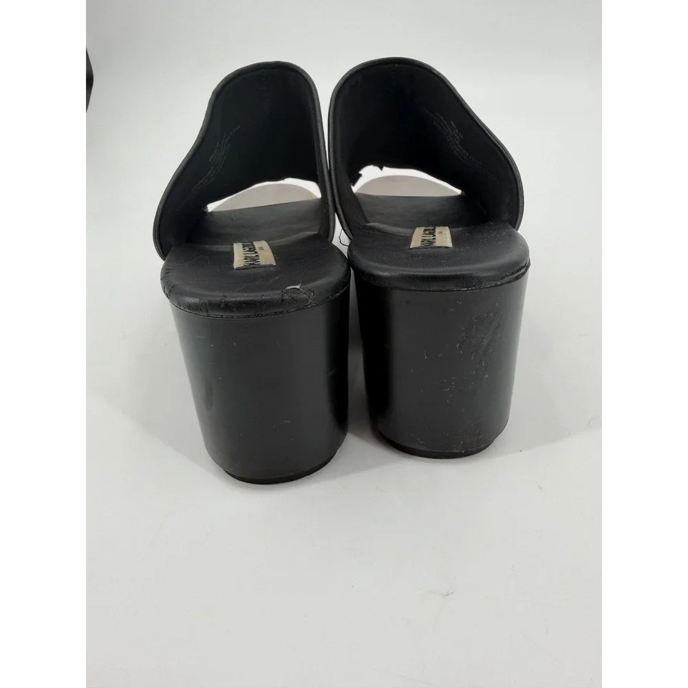Karl Lagerfeld Paris Lyric Black Leather Wedge Sandal Metallic Toe Plate 8M